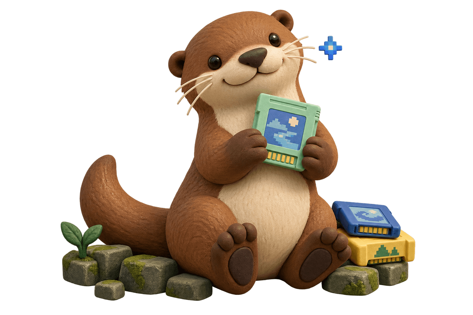 A clay otter proudly holding a mint-green game cartridge.